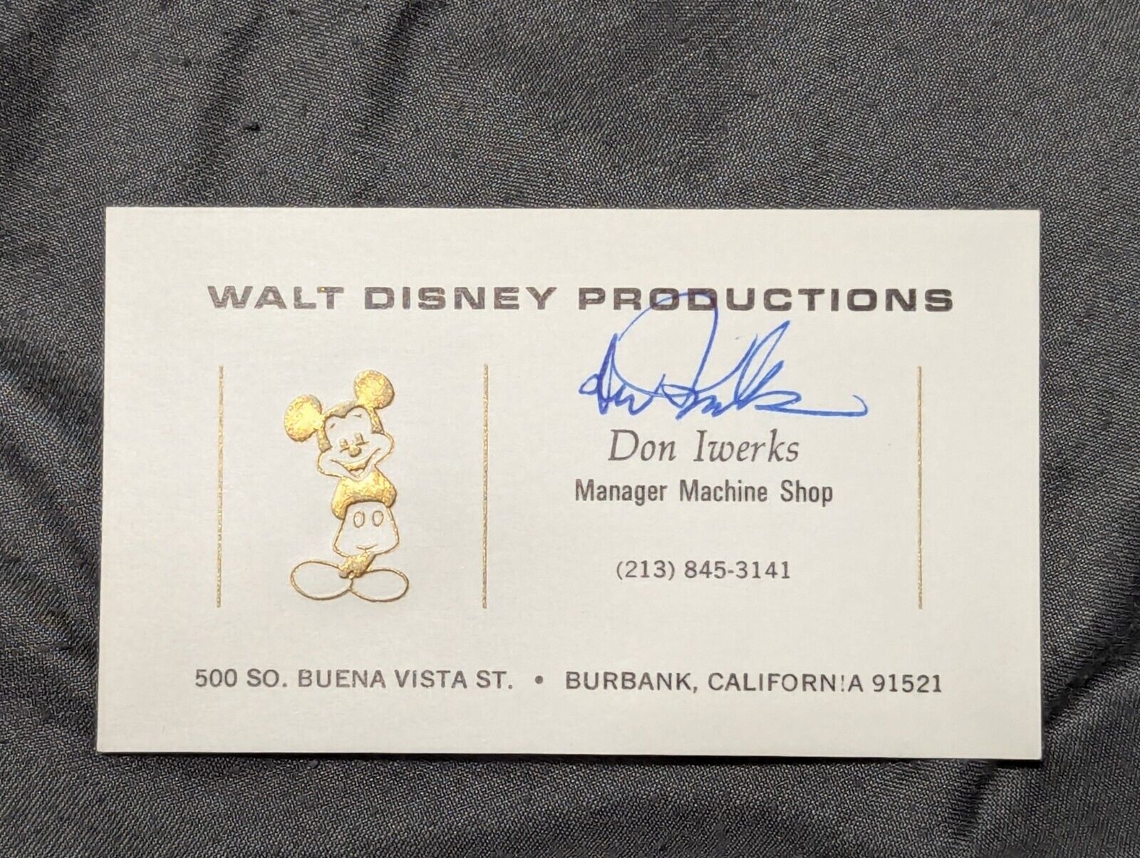 Don Iwerks Autograph Signed Business Card Gold Mickey WALT DISNEY PRODUCTIONS 