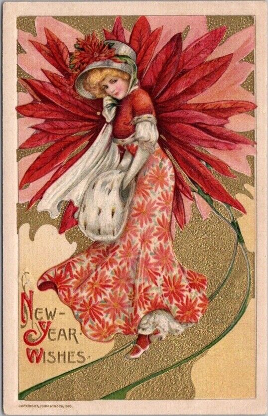 Vintage Winsch Schmucker HAPPY NEW YEAR Postcard Pretty Lady Fashion Poinsettia