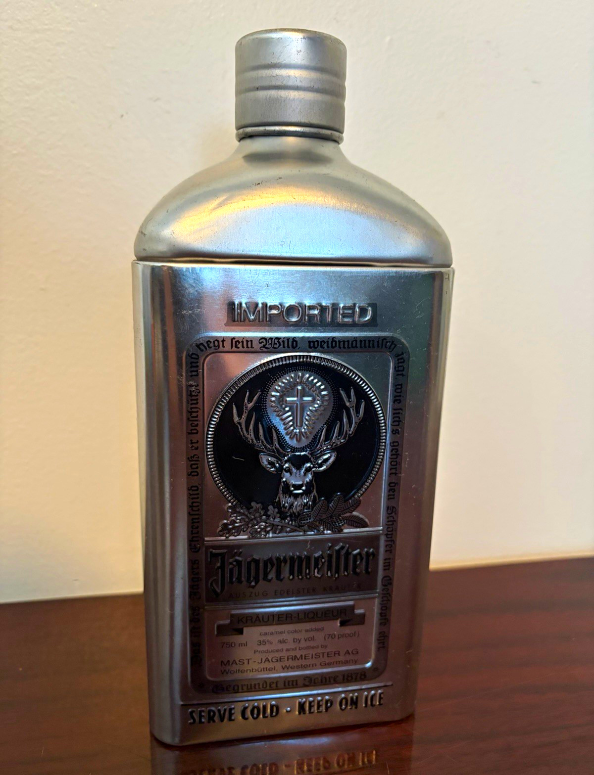 Jagermeister Silver/Black Bottle-Shaped Metal Tin w/ Screw Cap