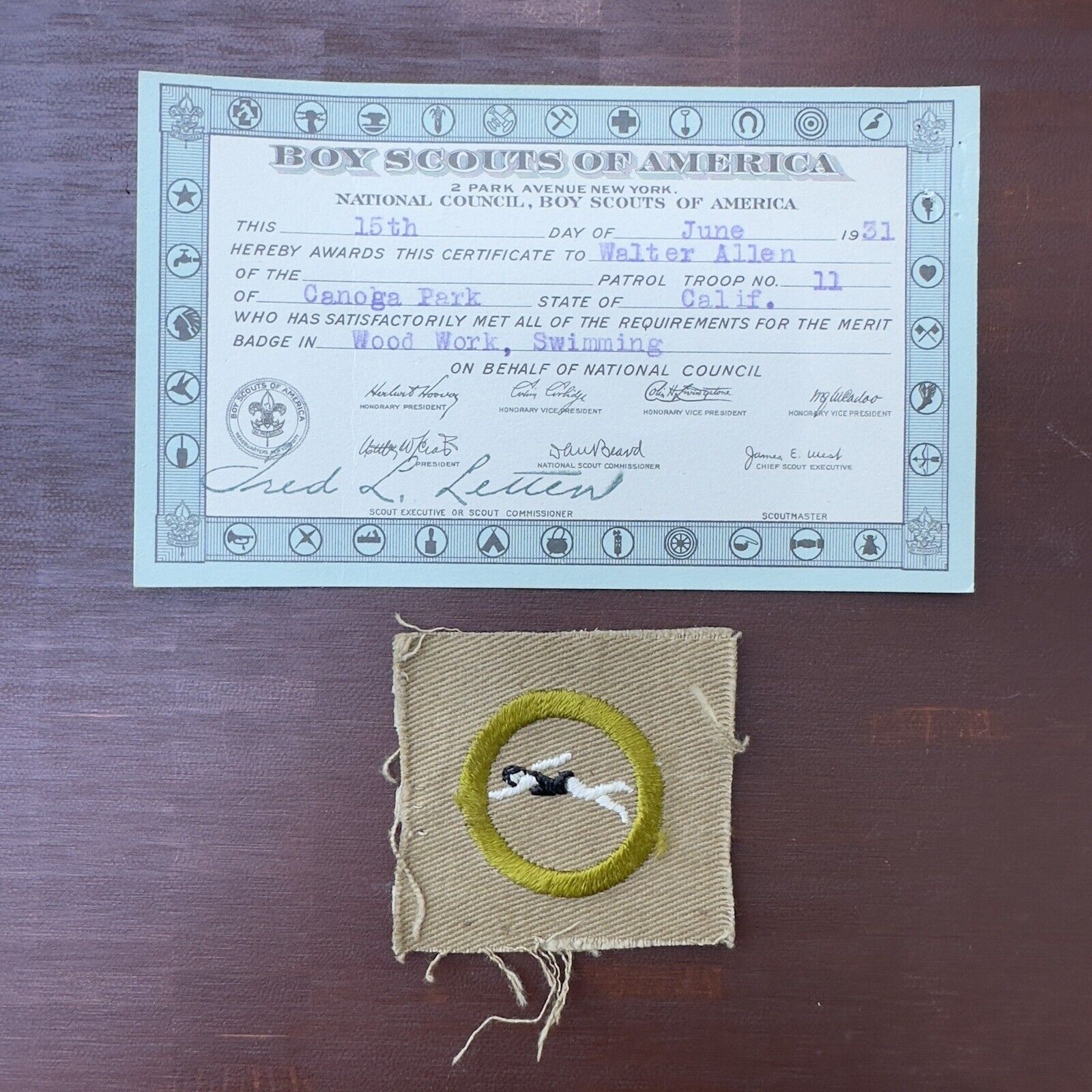 1920/30 PERSONAL SWIMMING PATCH Boy Scout Merit Badge CERTIFICATE 3X