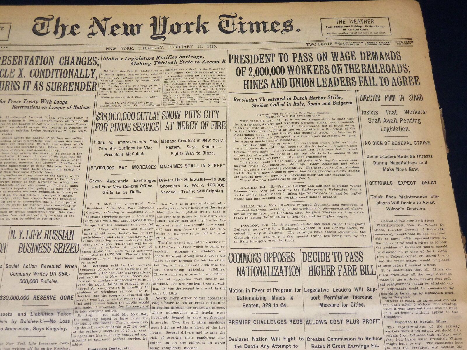 1920 FEBRUARY 12 NEW YORK TIMES - PRESIDENT TO PASS ON WAGE DEMANDS - NT 7868