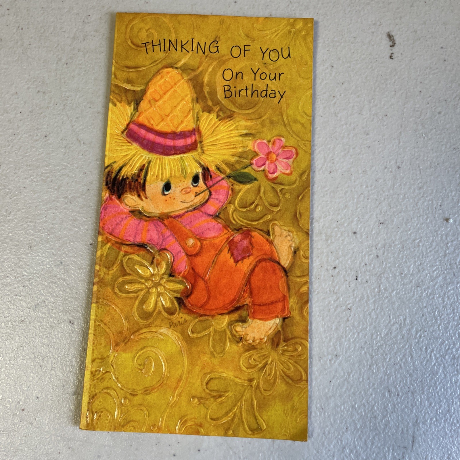 Vintage 1970's Birthday Greeting Card Scarecrow Boy Hay Hallmark Embossed