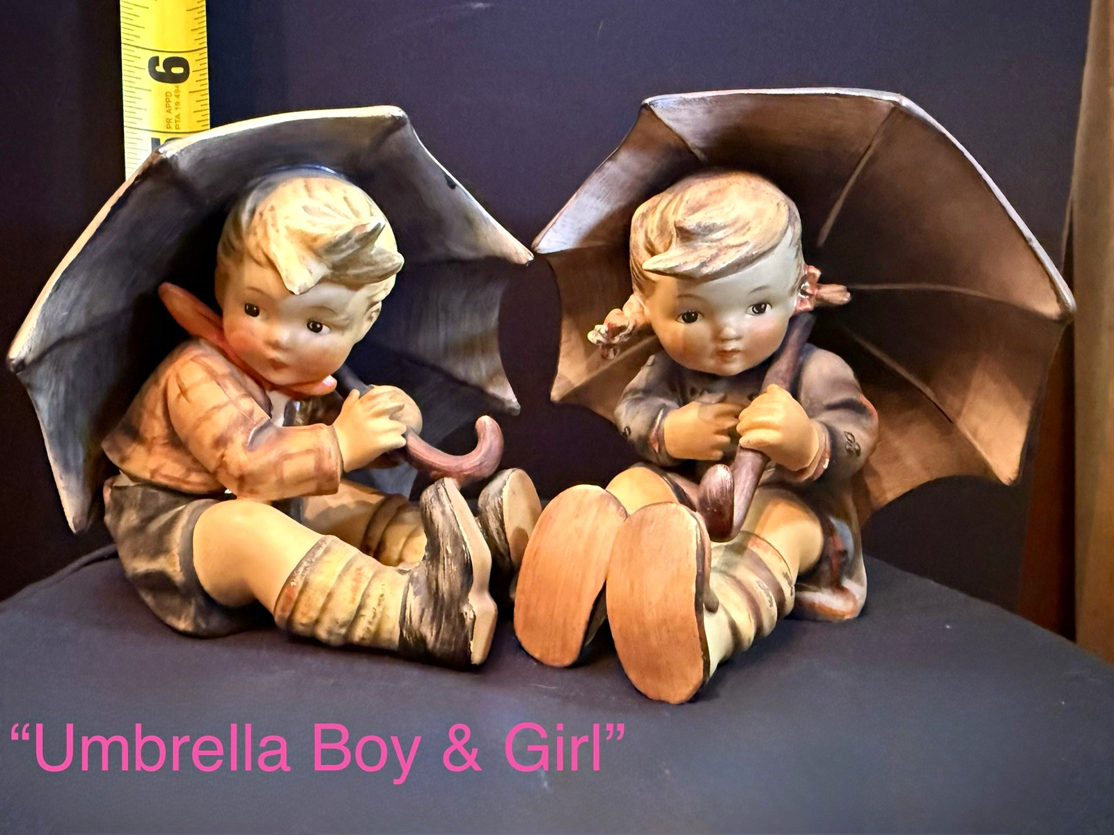 Hummel/Goebel “Umbrella Boy & Girl” Porcelain Hand Painted Set 6 in 1957 TMK3