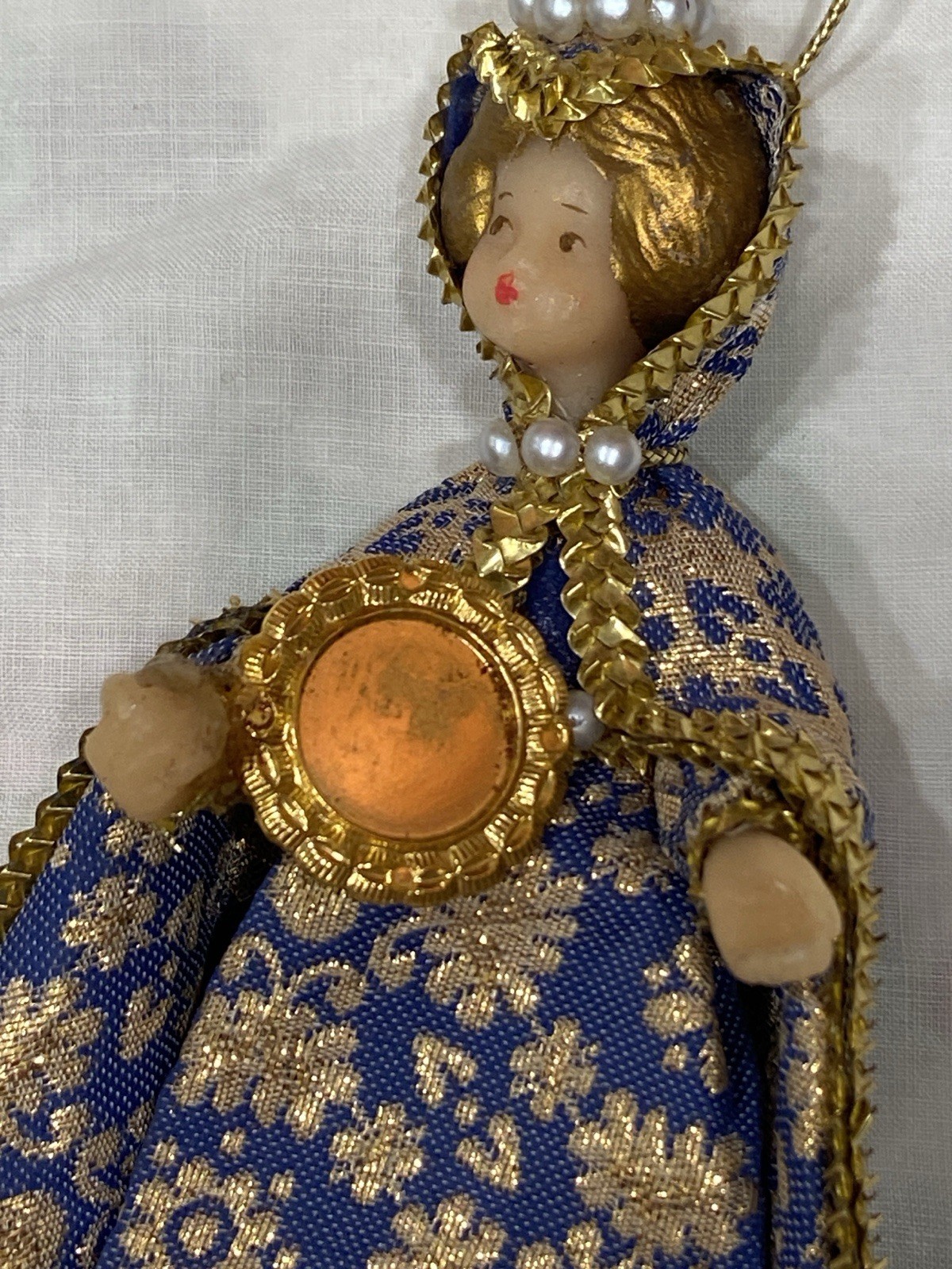 Vintage Koestel 6” wax face & hands Blue gold German handmade Christmas ornament