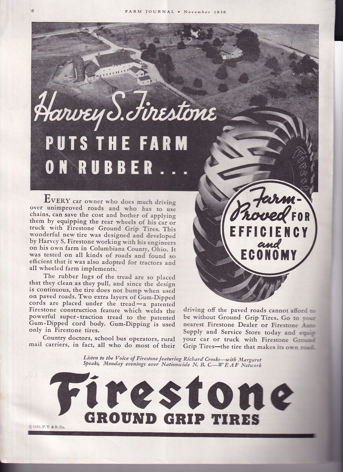 Print Ad 1936 Firestone Farm Tires 8inx11in Columbiana County Farm Aerial View