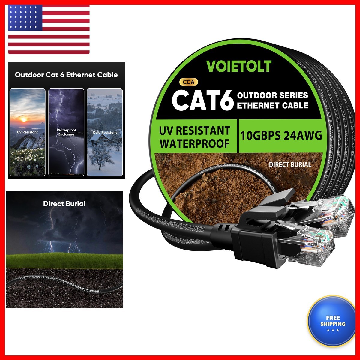 VOIETOLT Cat 6 Outdoor Ethernet Cable 300ft 24AWG 10Gbps Waterproof Direct