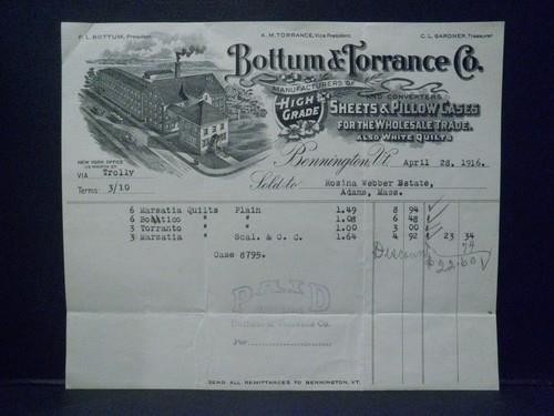 1916 - Bennington Vermont BOTTUM & TORRANCE CO. Sheets for Rosina Webber Estate