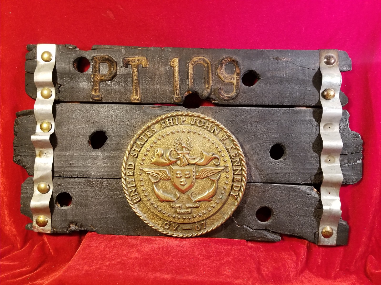 1970s US Navy USS John F Kennedy CV-67 Aircraft Carrier Plaque Brass Seal PT109 1970s US Navy USS John F Kennedy CV-67 Aircraft Carrier Plaque Brass Seal PT109