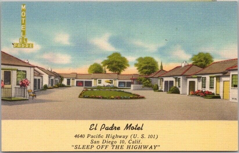 c1950s SAN DIEGO, California Postcard EL PADRE MOTEL Highway 101 Roadside Linen