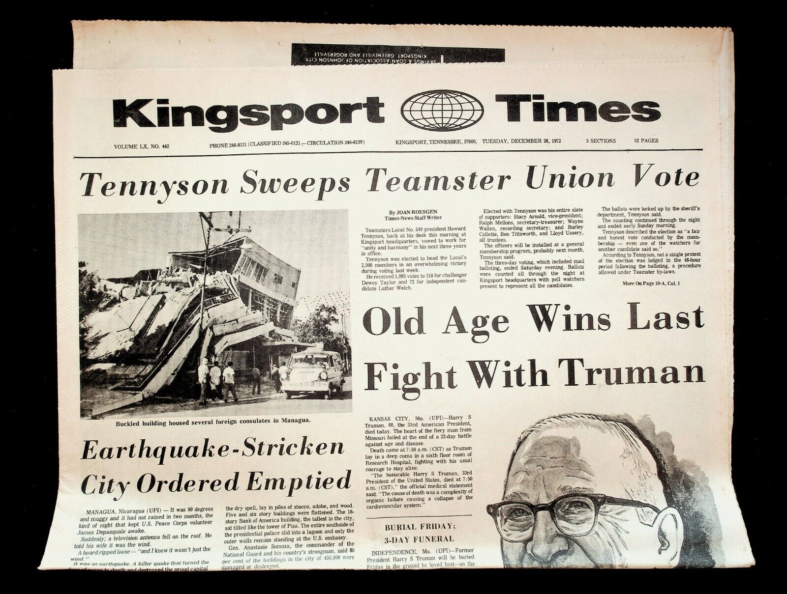 1972 December 26 Kingsport TN Times News Paper President Harry Truman Dies