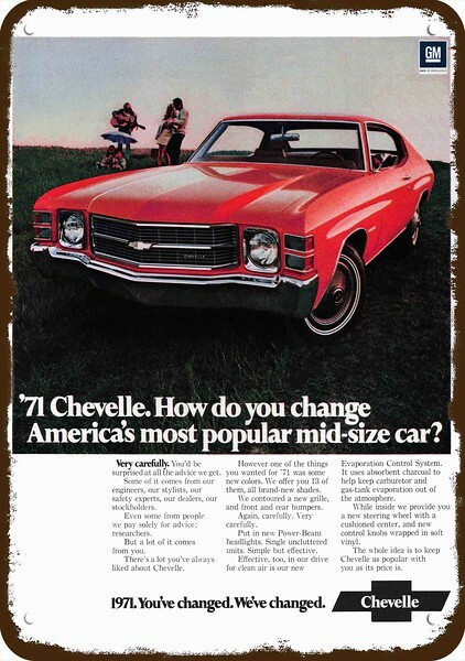 1971 CHEVROLET CHEVY CHEVELLE Red Car Vintage Look DECORATIVE REPLICA METAL SIGN