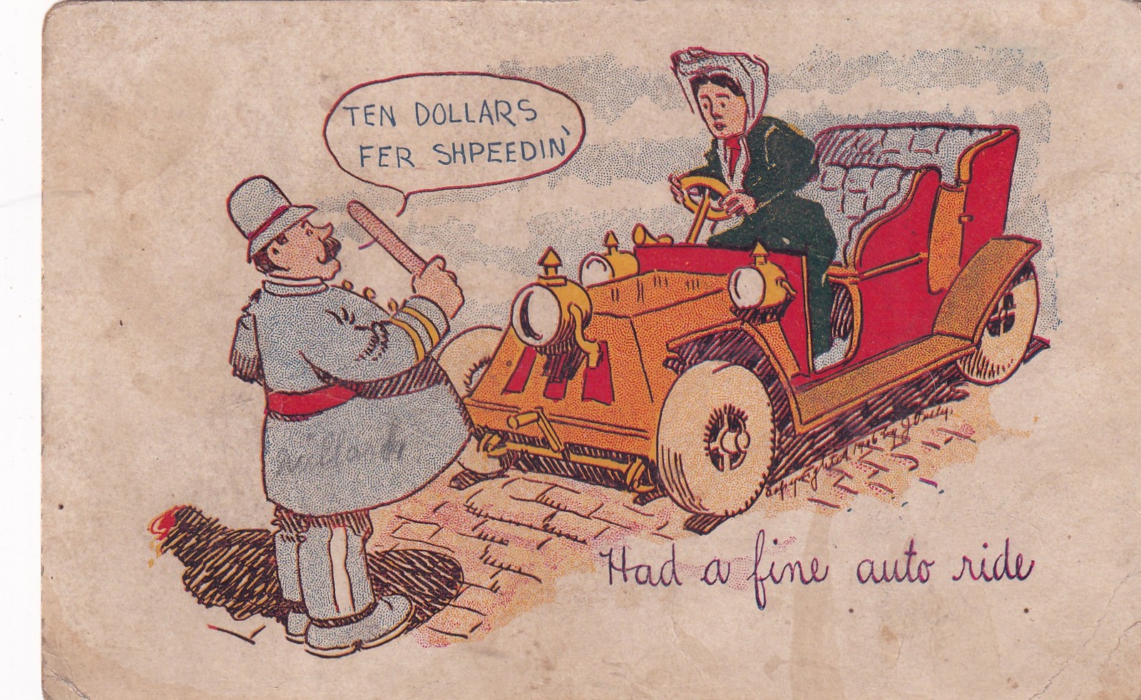 Had A Fine Auto Ride Ten Dollars Fer Shpeedin\' 1908 Memphis MO UDB Postcard F17