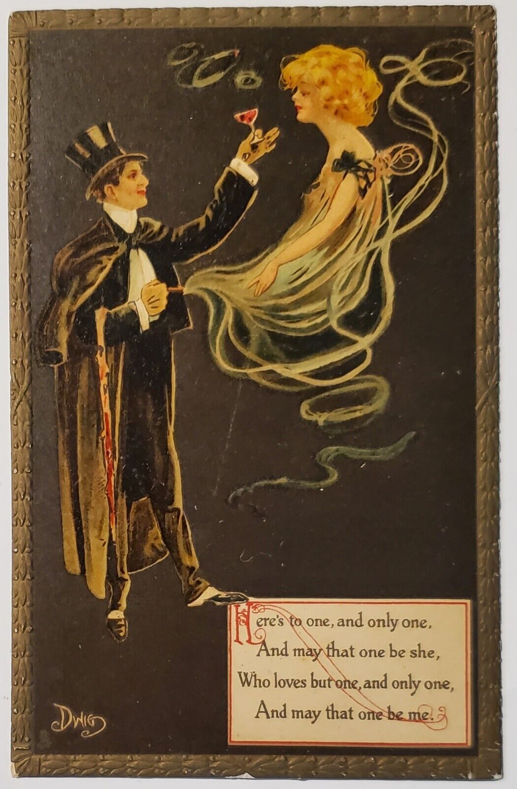 Dwig Tuck Art Nouveau Smoking Man Toasts Lady In Smoke Fantasy Postcard R29