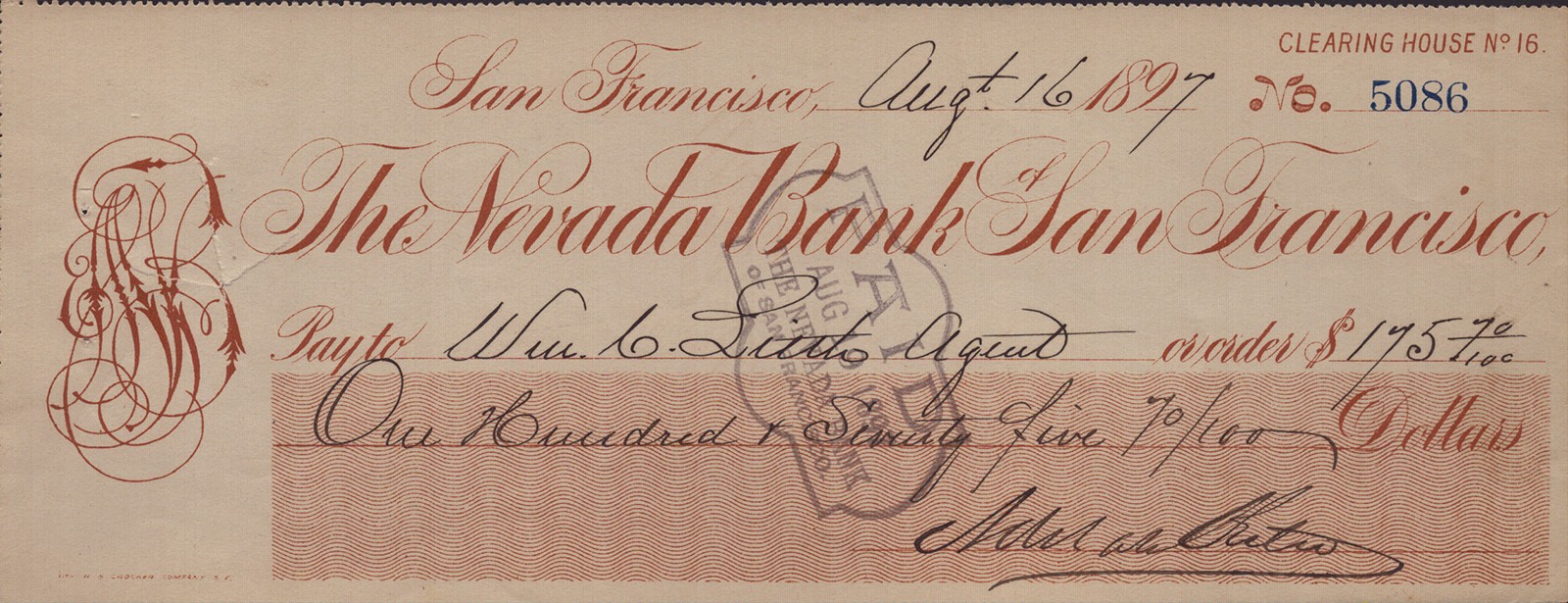 ADOLPH H. SUTRO - AUTOGRAPHED SIGNED CHECK 08/16/1897