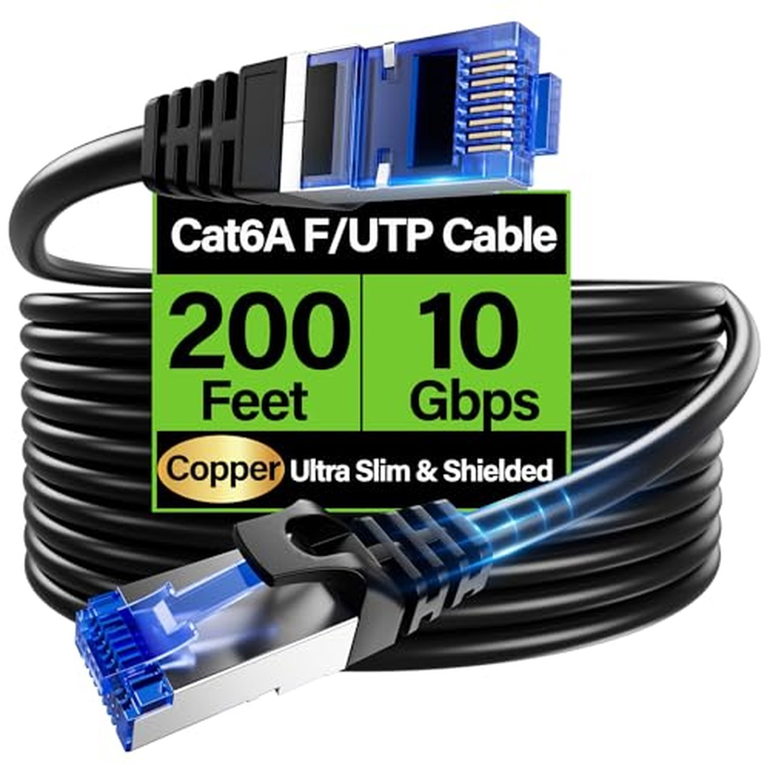 Cat6A Ethernet Cable Shielded 10Gbps 200 ft, Slim Shielded (F/UTP) Ethernet C...