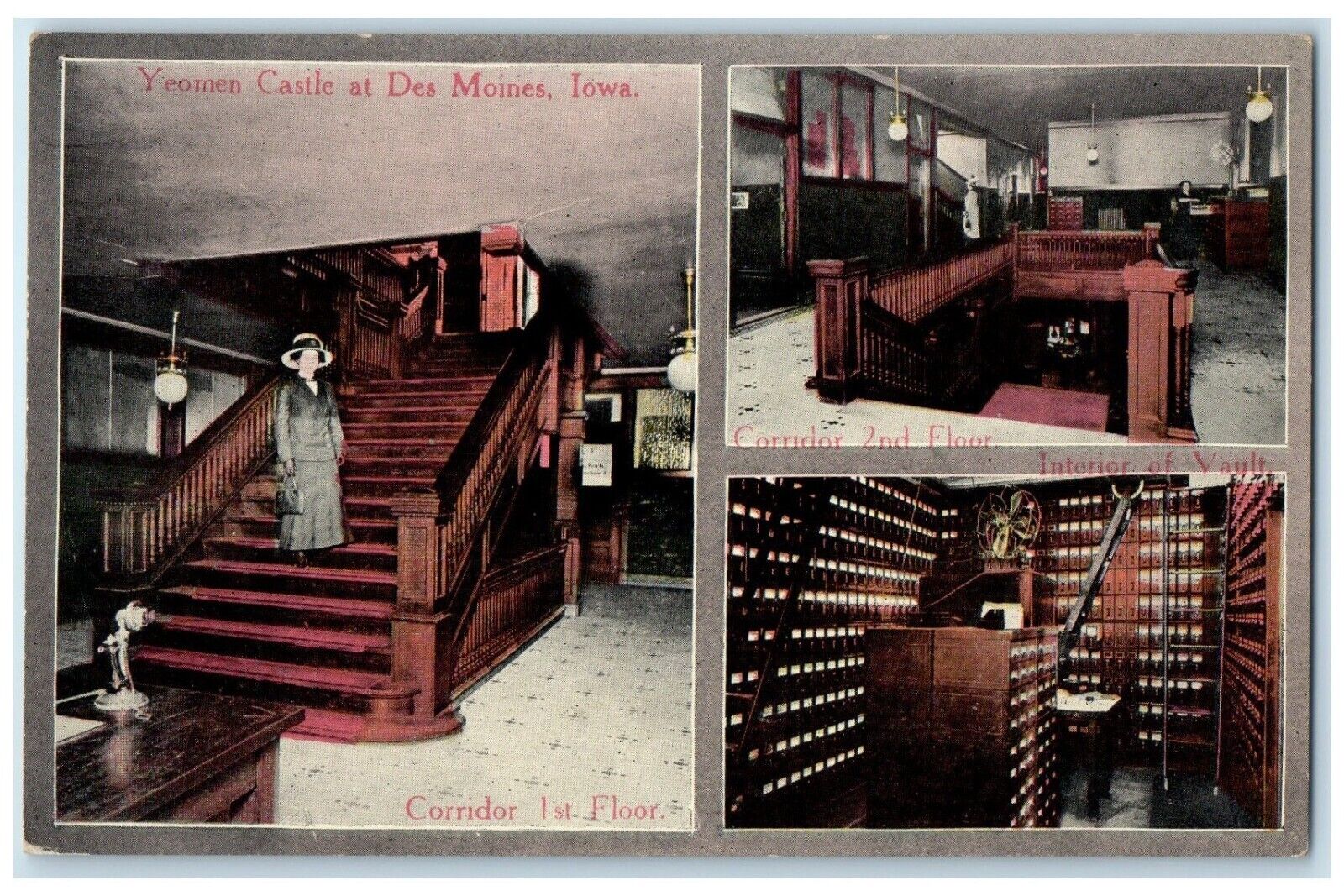 c1910's Yeomen Castle Corridor 1ST Floor Des Moines Iowa IA Multiview Postcard