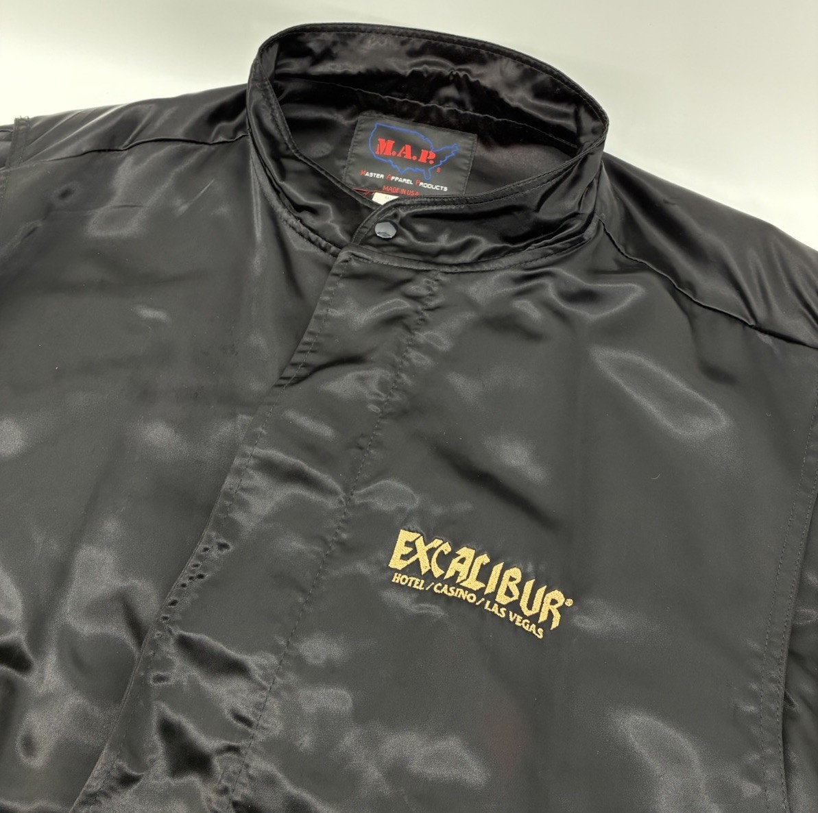 VNTG 90’s Excalibur Las Vegas Casino Satin Black Bomber Jacket USA Made 2XL