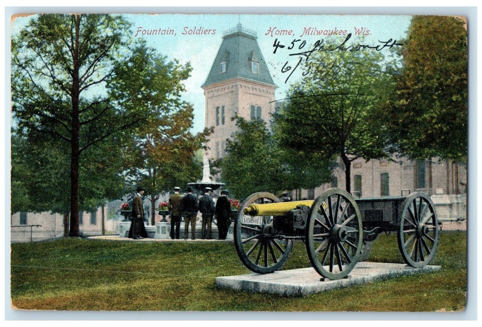 1908 Fountain Soldiers Home Park Cannon Tower View Milwaukee Wisconsin Postcard