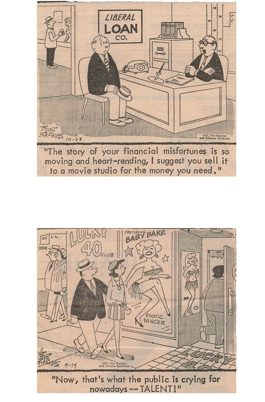 x2 1970s Vintage Bob Barnes Comics Cartoon Clipped from Newspaper Loans & Talent