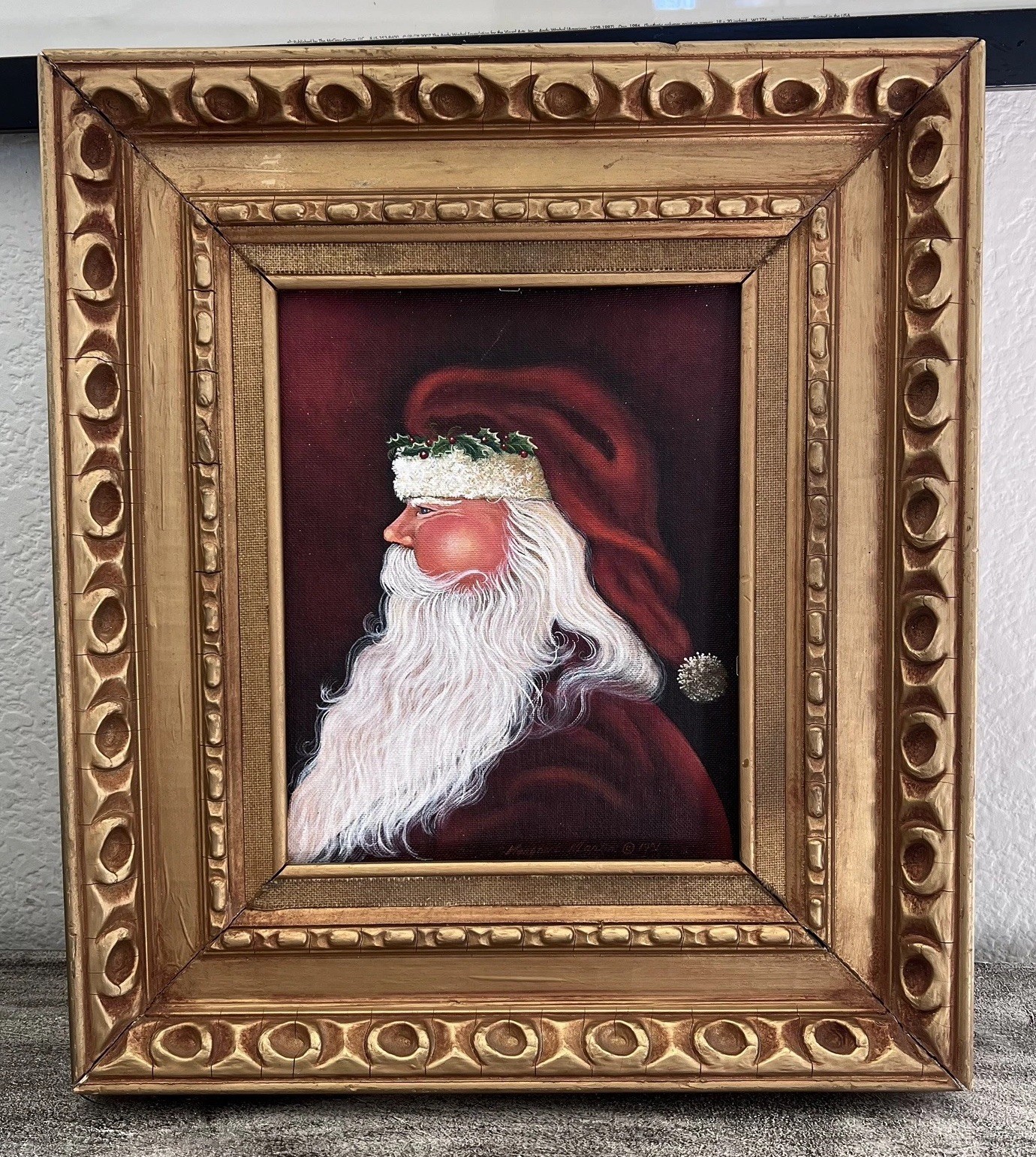 Original 1900's Vintage Santa Clause folk art signed painting framed 16.5 × 14.5