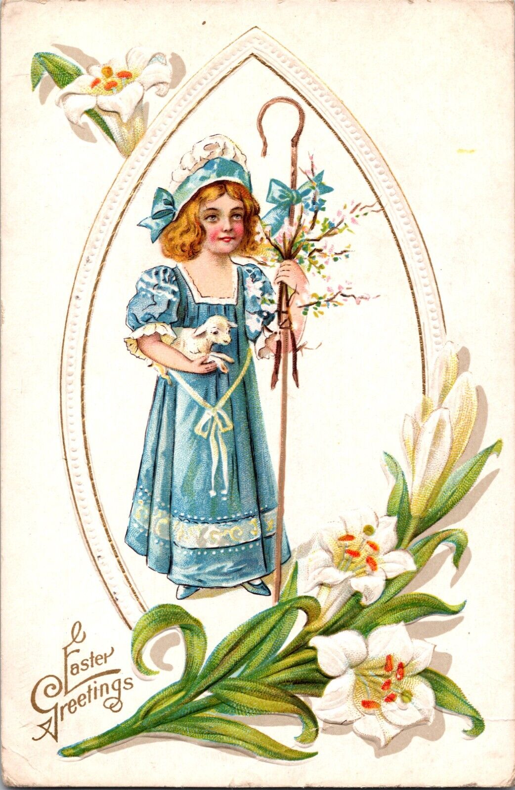 Easter Postcard Antique Victorian Girl Lacey Blue Dress Lamb Staff White Flower