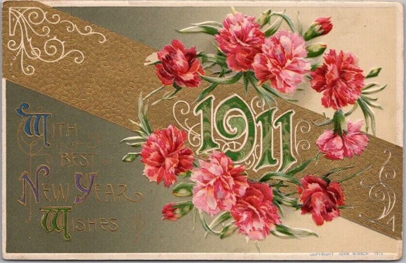 Vintage 1911 Winsch HAPPY NEW YEAR Embossed Postcard / Pink Flowers -1910 Cancel