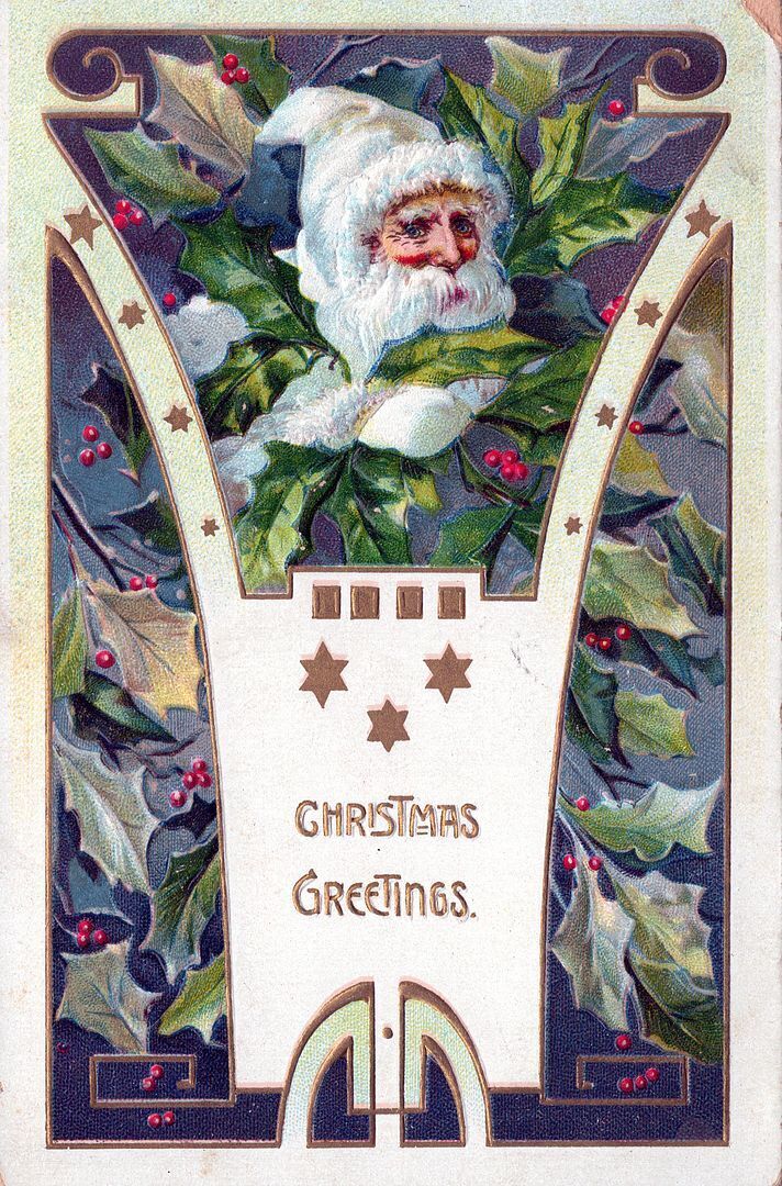 CHRISTMAS - Santa And Leaves Art Deco Christmas Greetings Tuck Postcard - 1909