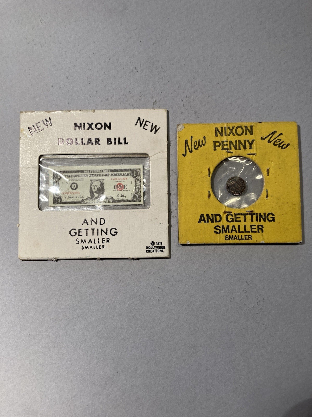 Vintage 1974 Nixon Penny & Nixon Dollar And Getting Smaller (2 pcs)FREE SHIPPING Vintage 1974 Nixon Penny & Nixon Dollar And Getting Smaller (2 pcs)FREE SHIPPING