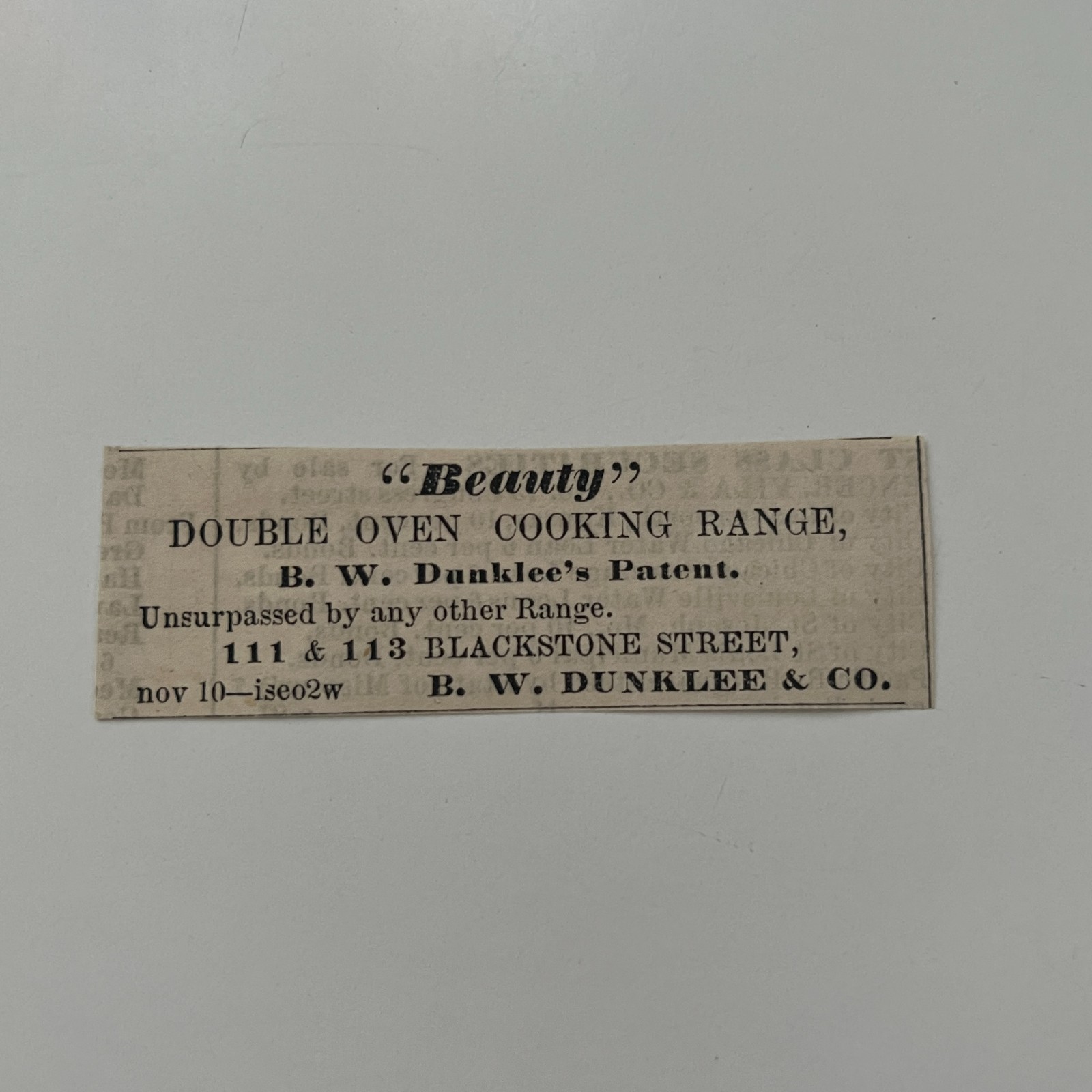 B. W. Dunklee & Co. Beauty Double Oven 1860 Boston Clipping TAJ7-S69 B. W. Dunklee & Co. Beauty Double Oven 1860 Boston Clipping TAJ7-S69