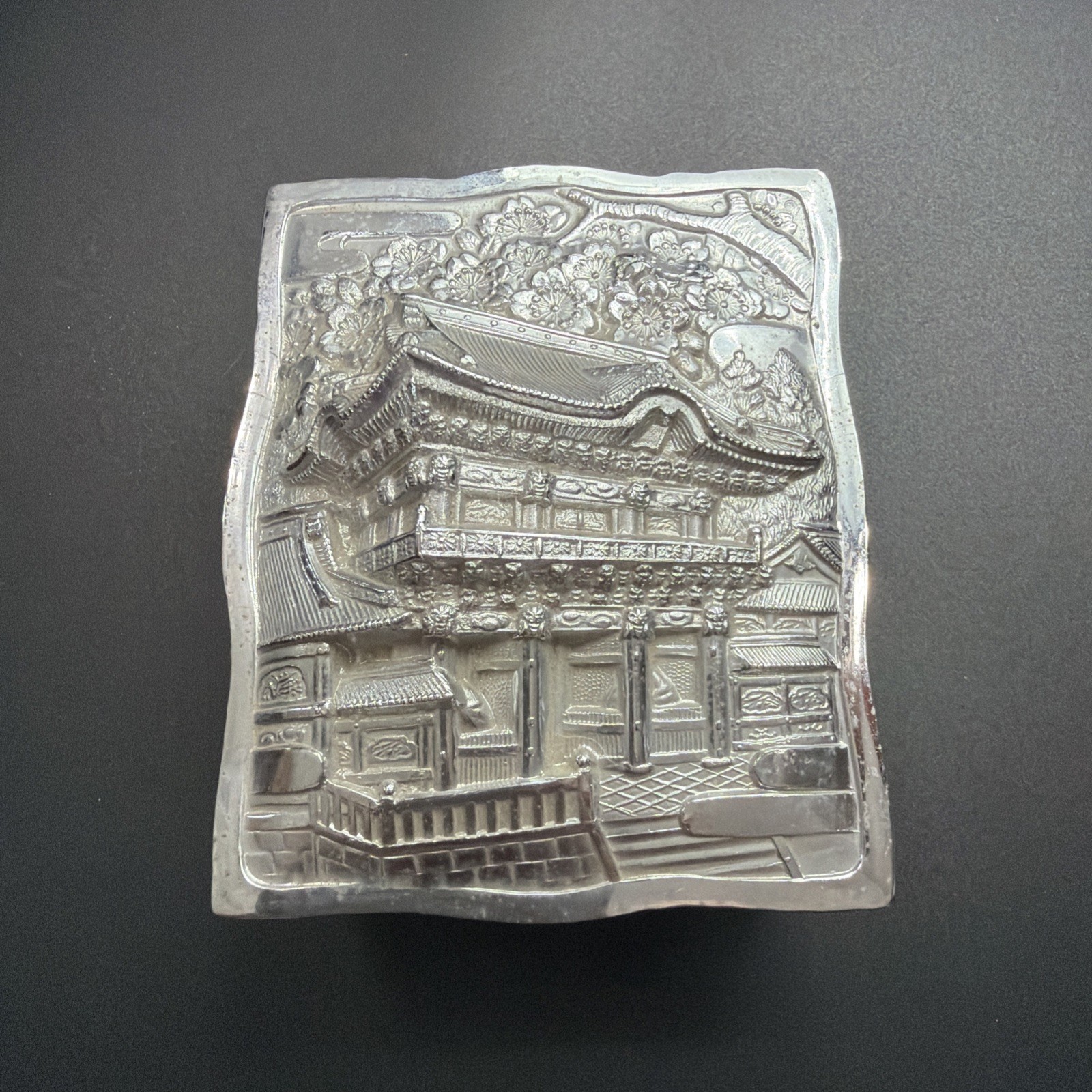 VTG Japanese Silver Tone Trinket Box Cedar Wood Insert Pagoda Gate Raised Relief