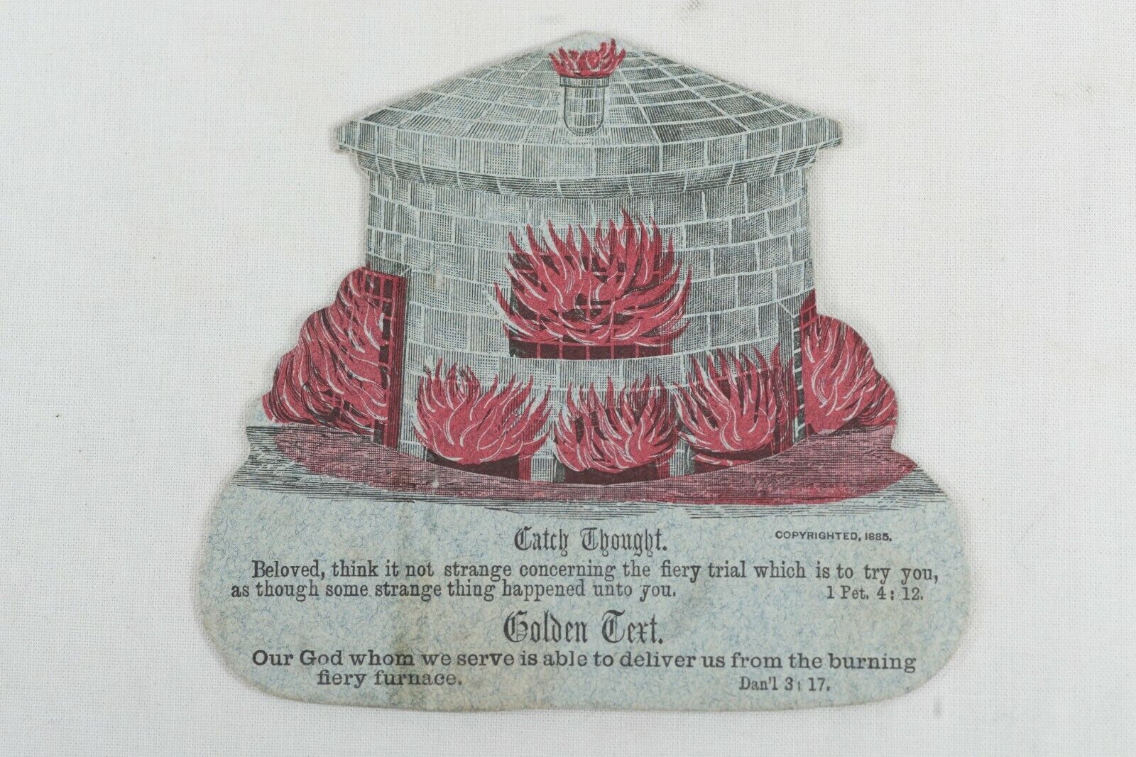 1885 Die Cut Religious Engraving, Bible Verse Fiery Furnace Daniel 3:17