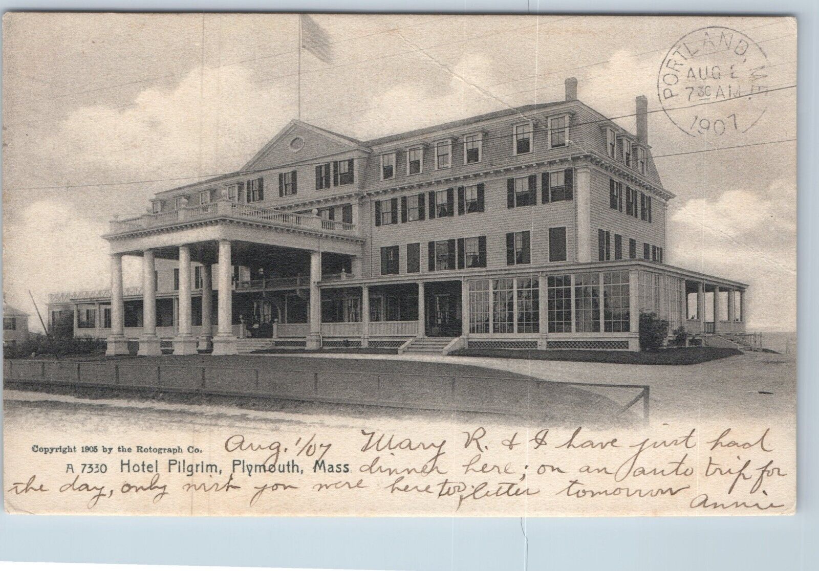 Postcard Hotel Pilgrim Plymouth Massachusetts c1905