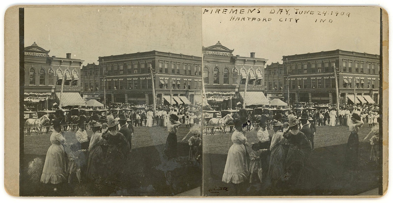 INDIANA STEREOVIEW - Hartford City - Firemen\'s Day Celebration - CH Tuttle c1909