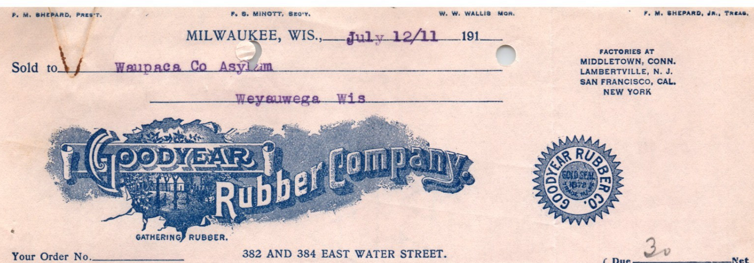 1911 MILWAUKEE WIS GOODYEAR RUBBER COMPANY WAUPACA ASYLUM INVOICE BILLHEAD Z7787 1911 MILWAUKEE WIS GOODYEAR RUBBER COMPANY WAUPACA ASYLUM INVOICE BILLHEAD Z7787