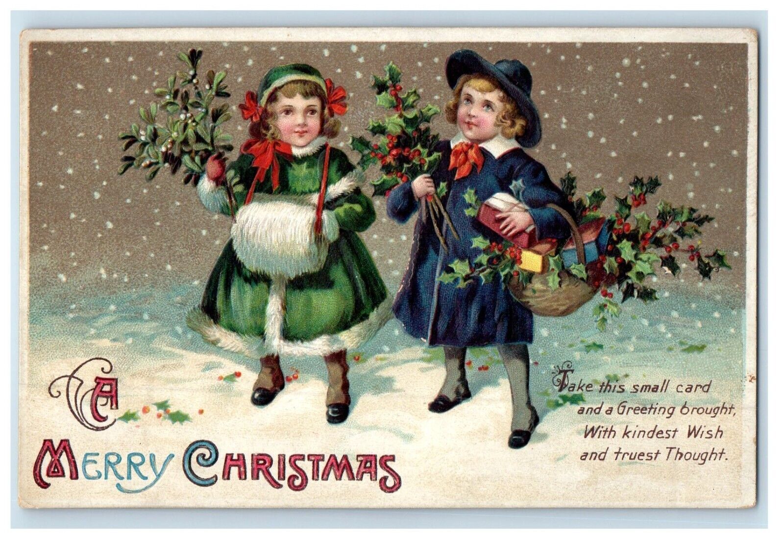 c1910's Merry Christmas Boy Girl Warmer Basket Holly Clapssadle (?) Postcard