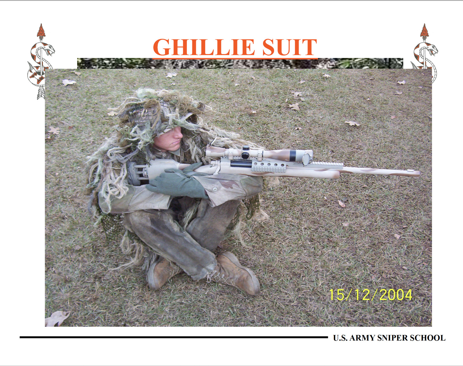 31 page Army SNIPER GHILLIE SUIT CONSTRUCTION PowerPoint Presentation on Data CD