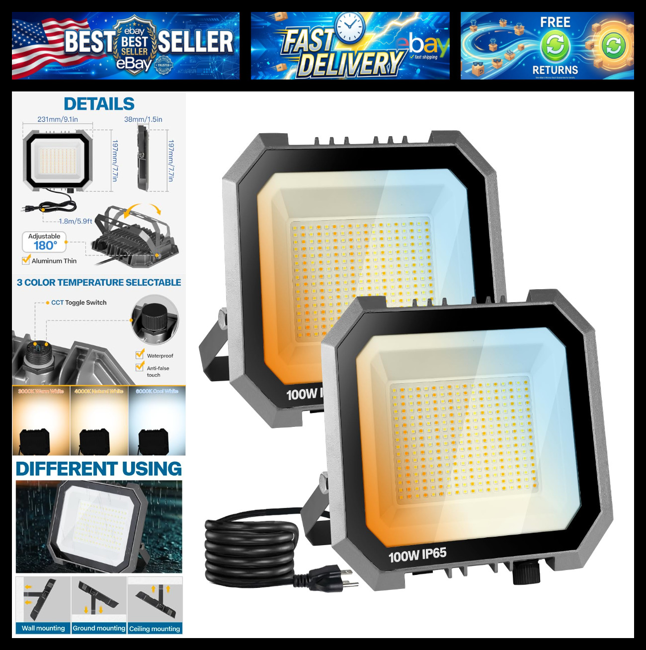 2 Pack LED Flood Lights Outdoor, 3CCT 3000/4000/6000K Selectable 100W 10000LM Fl