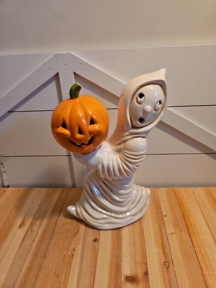Vintage Halloween Ceramic light Up Base  Ghost Pumpkin 1981 - Light NOT Included
