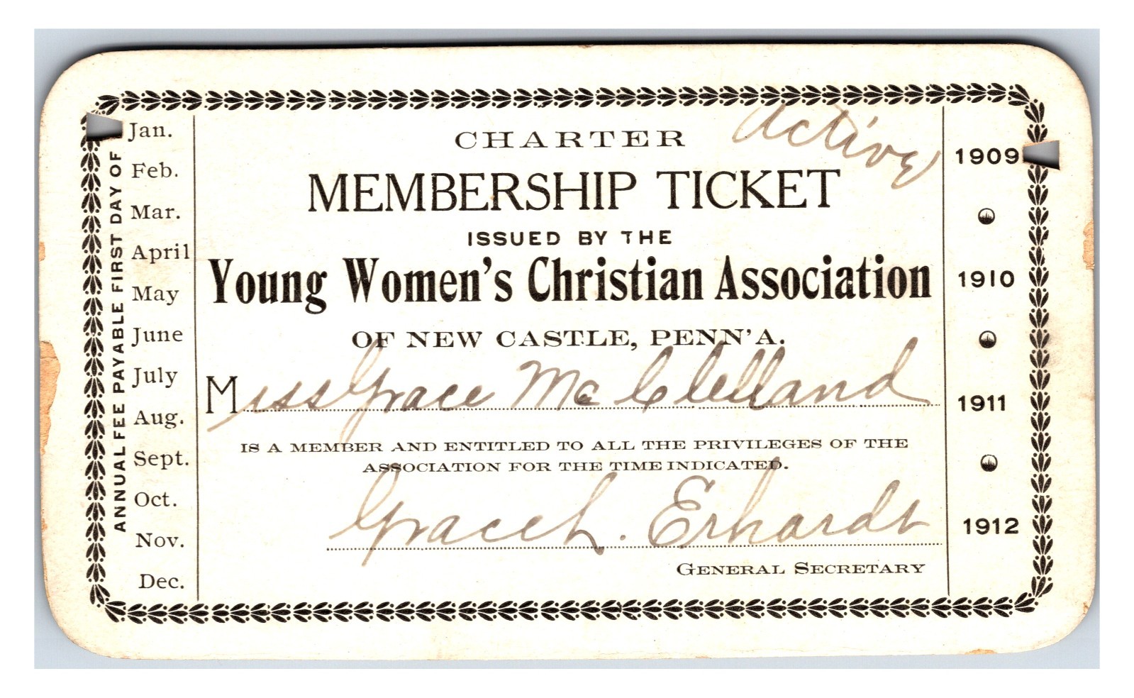 Original 1909 Young Women's Christian Association of New Caste, PA Member Card Original 1909 Young Women's Christian Association of New Caste, PA Member Card