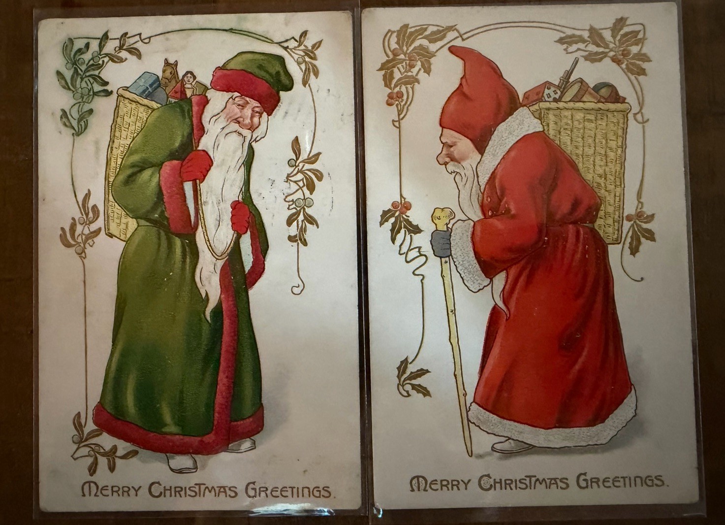 Lot of 2~Tuck Green & Red Robe Old World Santa Claus~Christmas Postcards~s494 Lot of 2~Tuck Green & Red Robe Old World Santa Claus~Christmas Postcards~s494