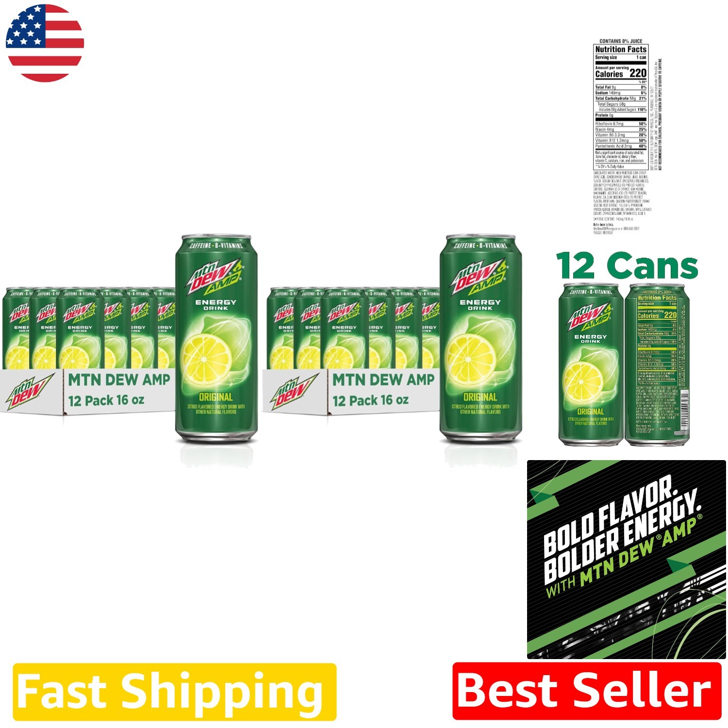 AMP Energy Drink  24pk 16oz Cans - Caffeine B Vitamins Bold Citrus Boost