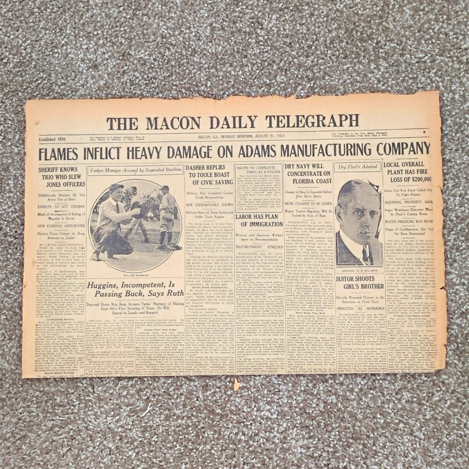 1925 Babe Ruth New York Yankees Macon Daily Telegraph Newspaper Page Front Back