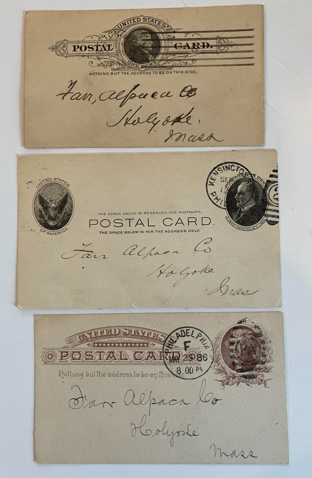 Post Cards Farr Alpaca Co 1886 1894 1904 Holyoke MA business communication Post Cards Farr Alpaca Co 1886 1894 1904 Holyoke MA business communication