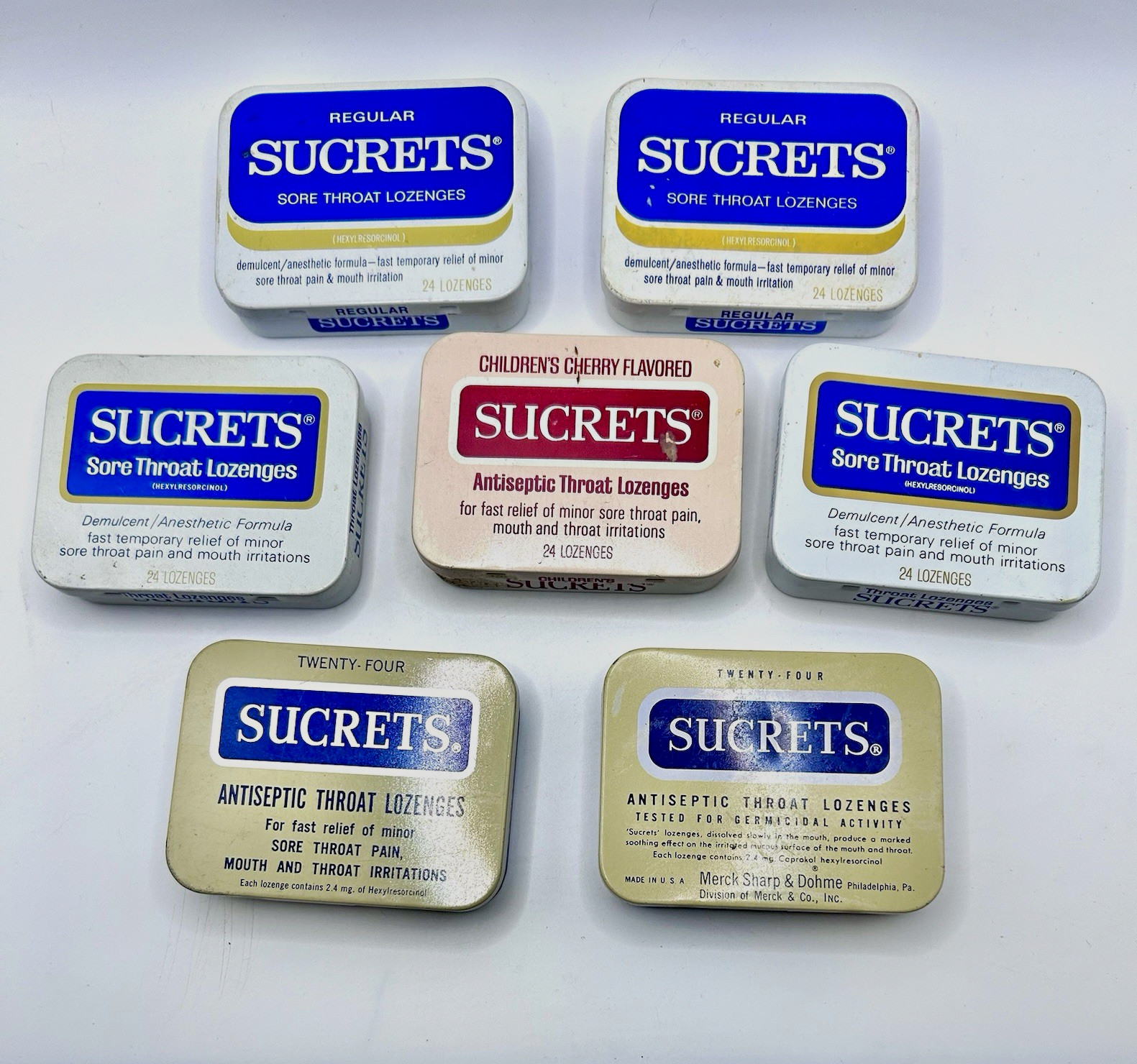 Vtg Sucrets Tin Lot 7pc Empty Metal Box Merck Calgon Quinton Childrens Cherry