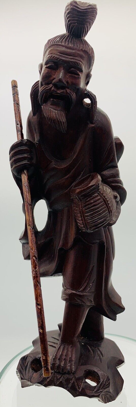 Vintage Chinese Wood Carving Wise Man with Basket & Staff Old Folk Art 8”High.