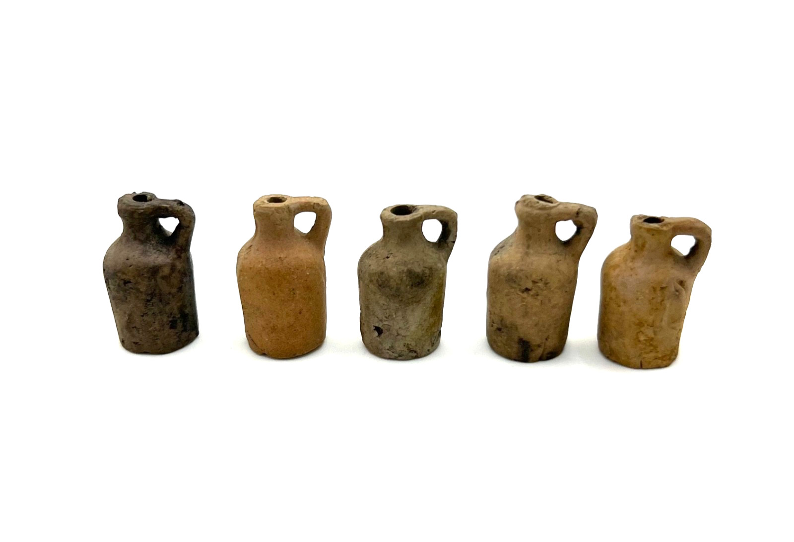 Vintage Antique Miniature Clay Little Brown Whiskey Jugs Stoneware Toy Set of 5