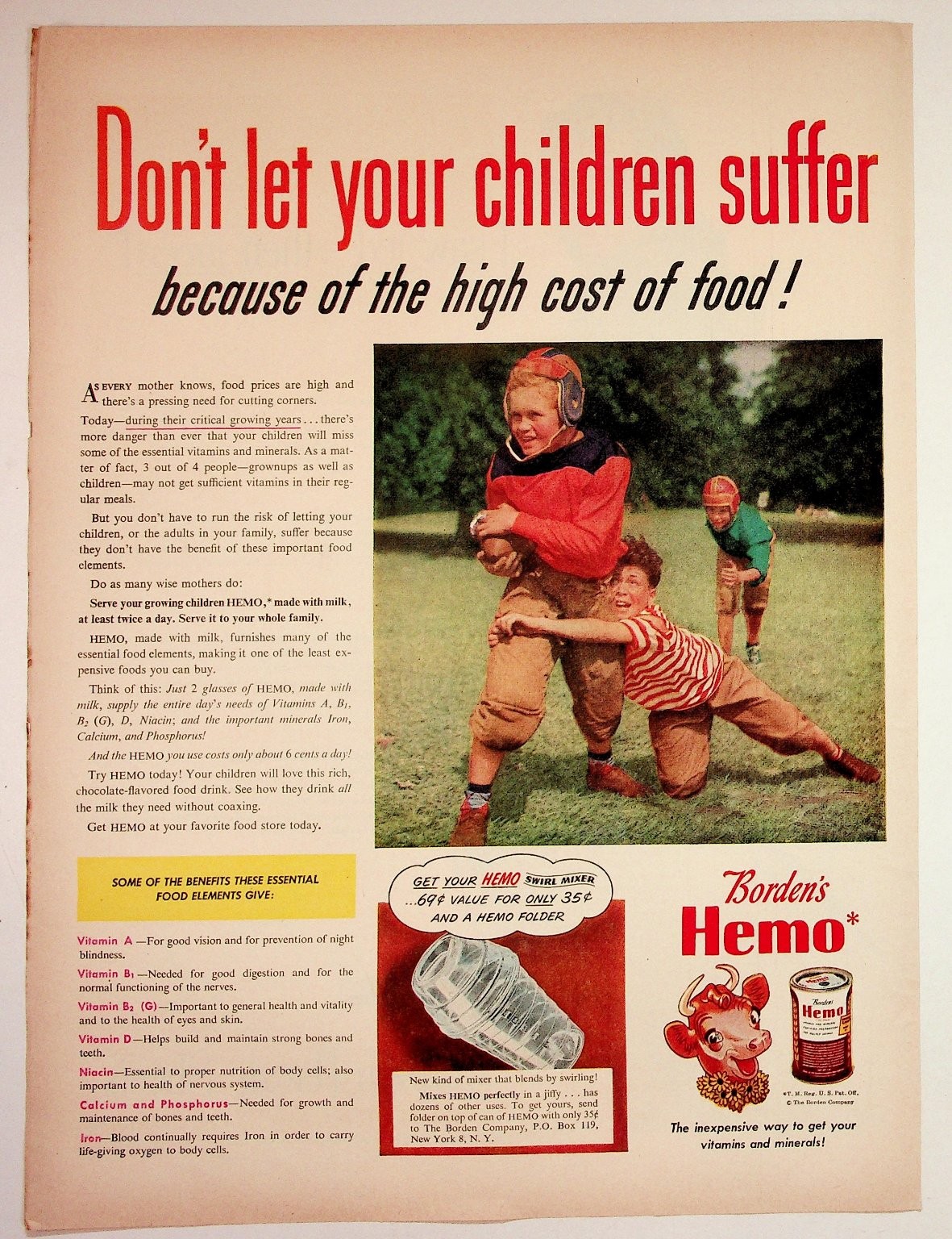 Borden's Hemo Vintage Ad 1940s 50s Football Kids Elsie the Cow Food Drink