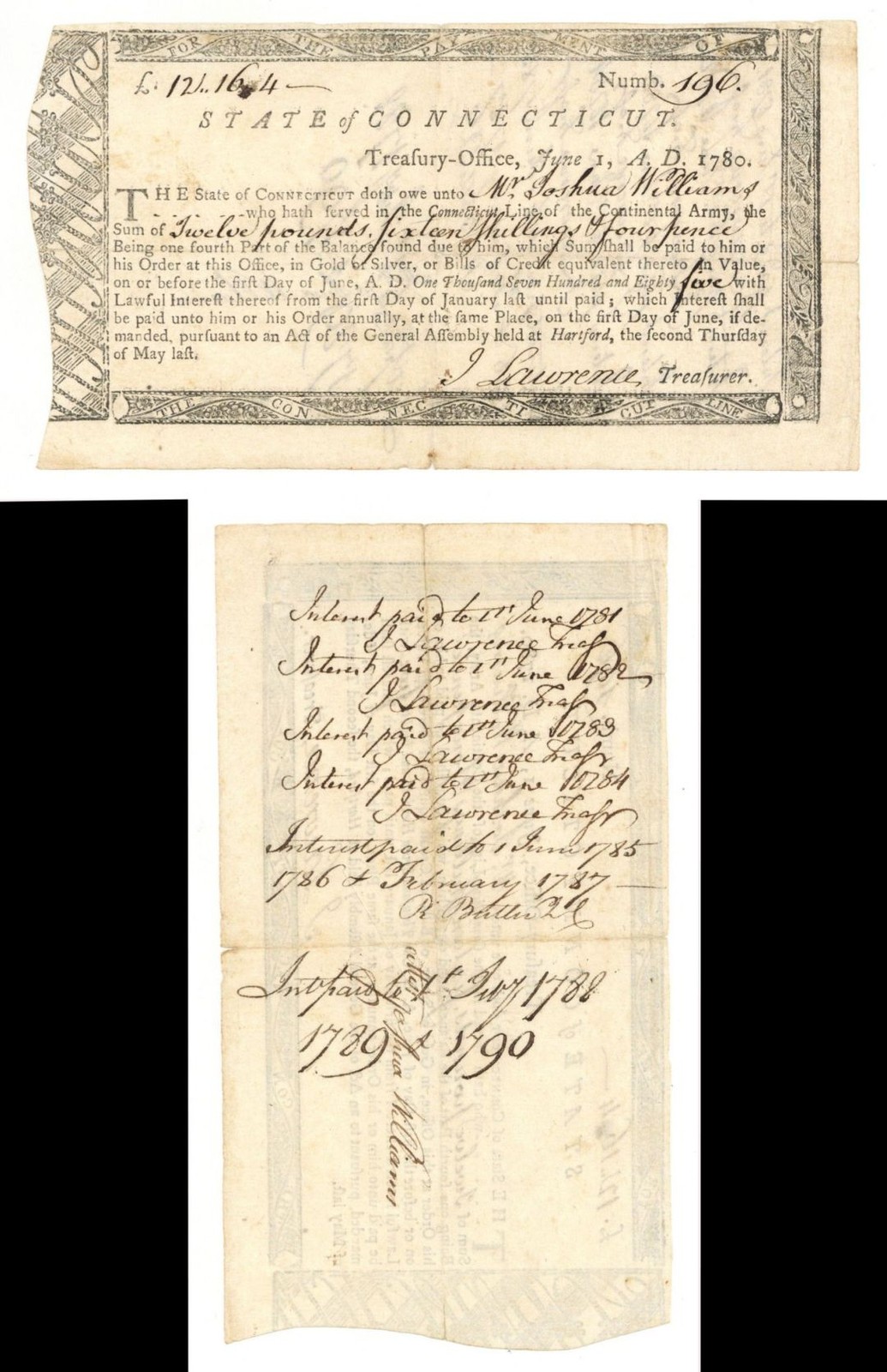 1780 dated Continental Army Connecticut Line Bonds issued to a Revolutionary W