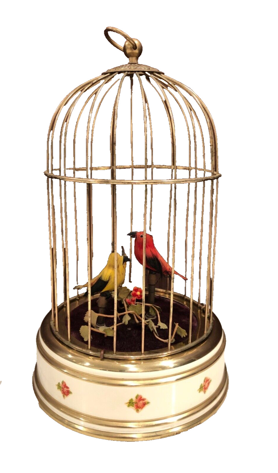 Eschle Germany 2 Bird Wind Up Animated in Brass Enamel Cage Vintage