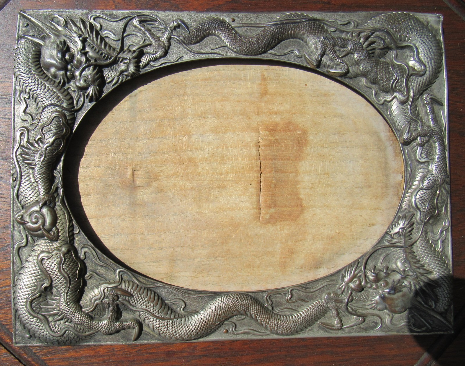Massive Antique Japanese Meiji Silver Plated Double dragons Photo Frame 10.5\